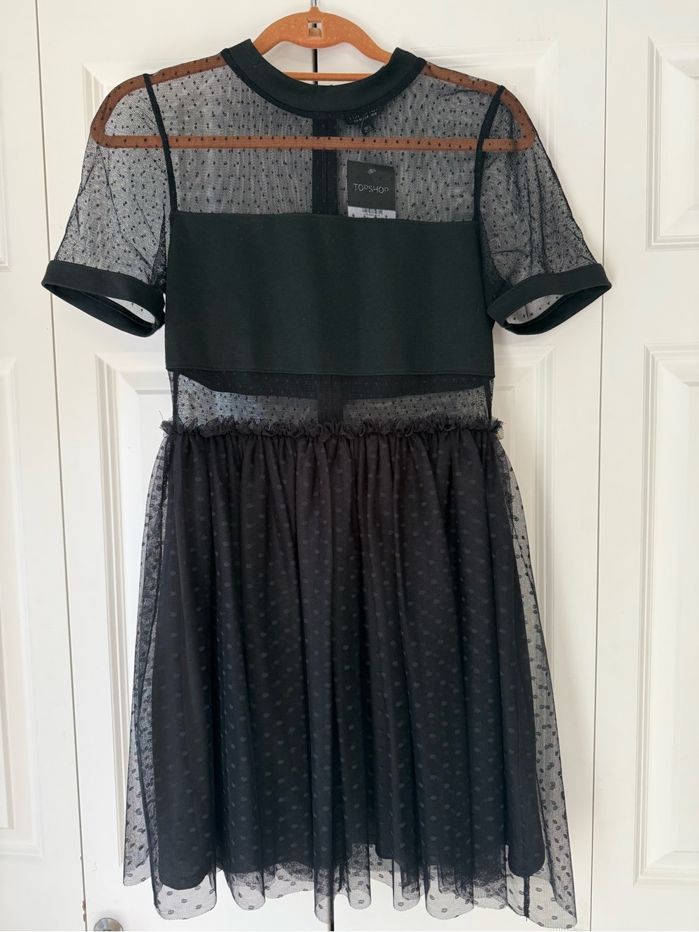 Topshop Black Sheer Dot Mesh Dress with Tulle Skirt - sz. 8 but fits like a 4!